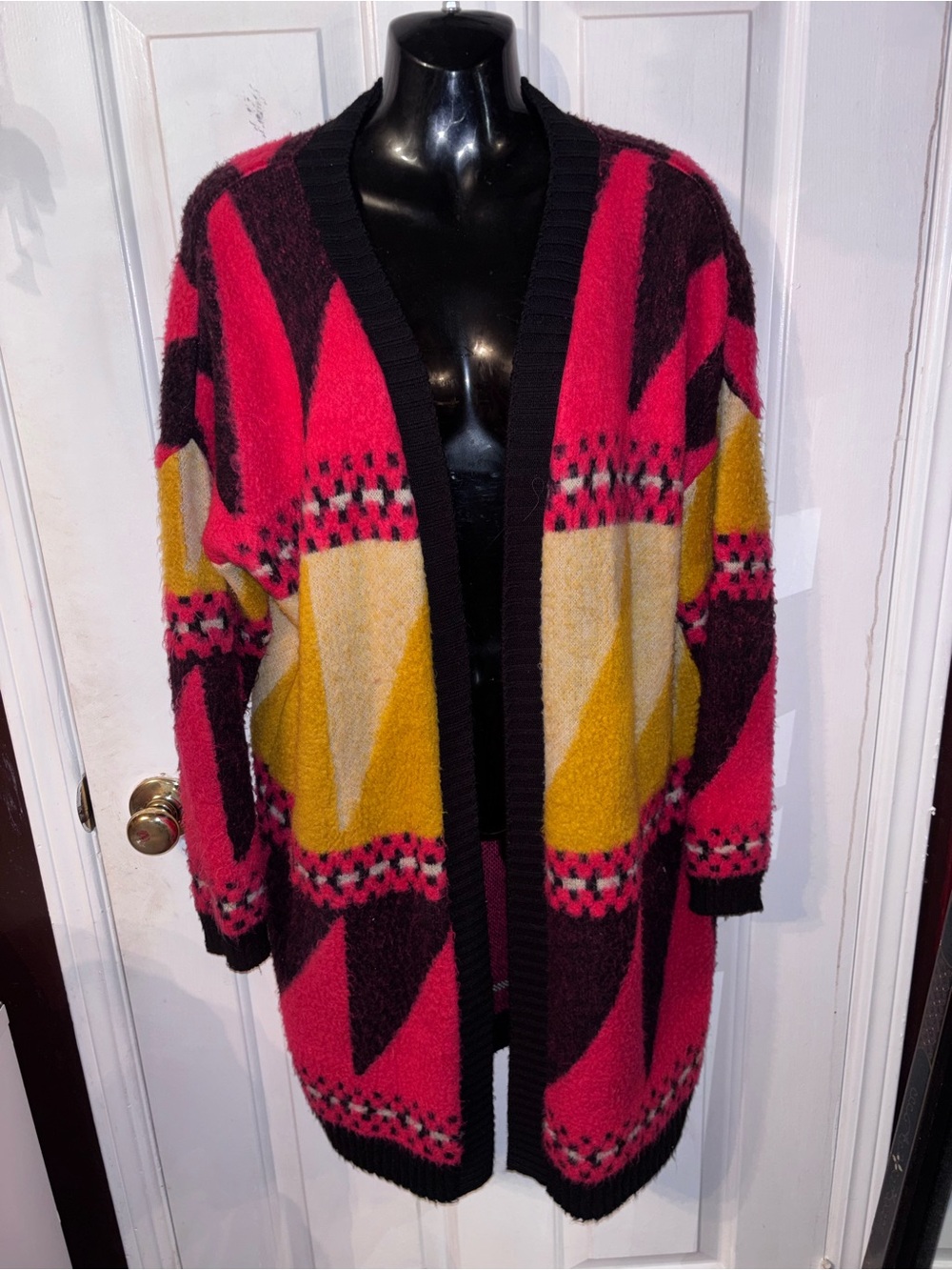 Ecoté Bold Geometric Open Cardigan in Pink, Yellow & Black